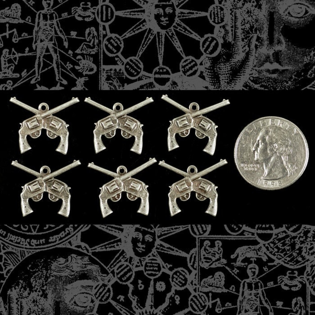 Antiqued Silver Plated Brass Crossed Six Shooter Gun Charms - Set of Six - S-C52